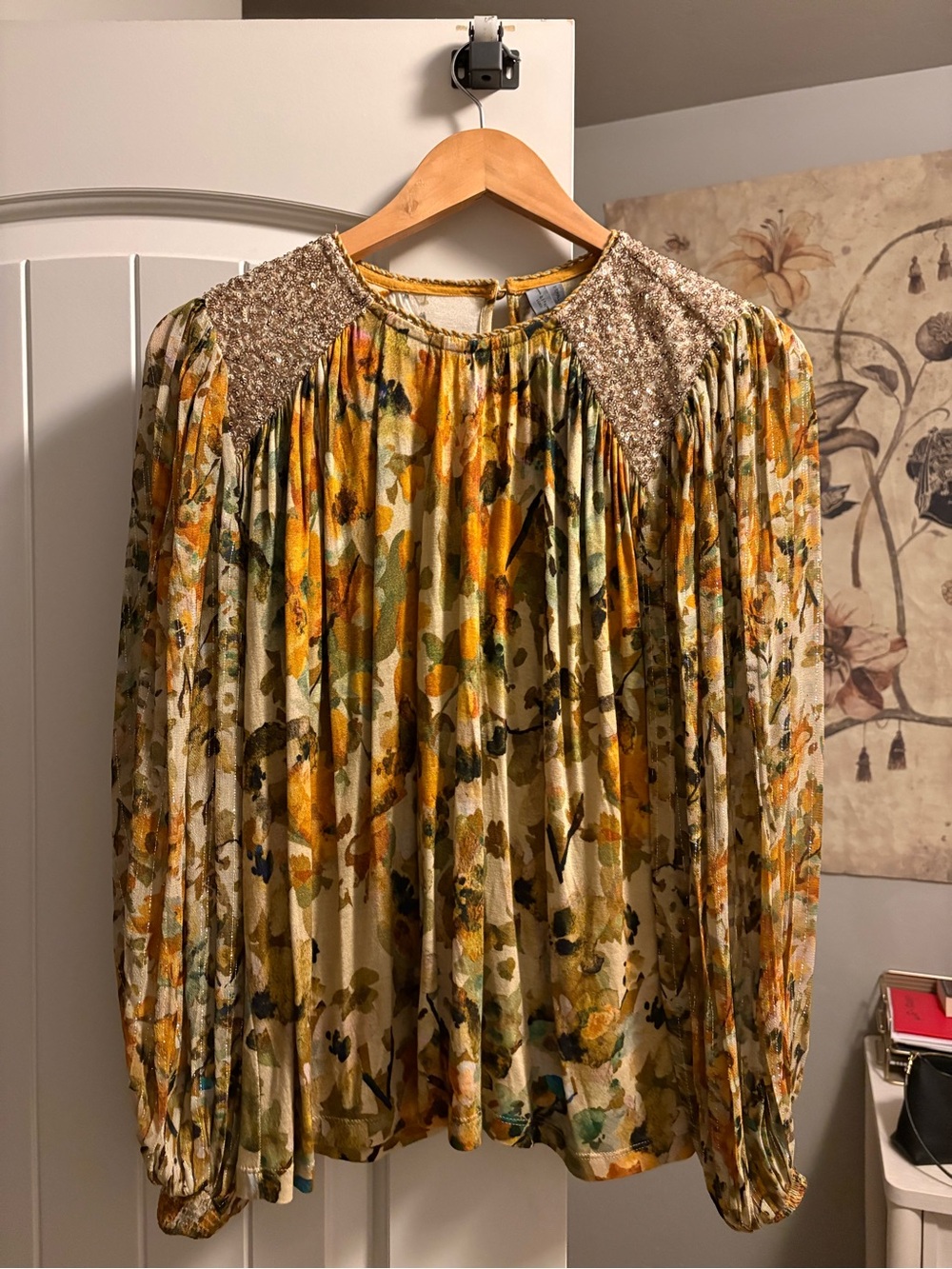 Sequin-Trim Long-Sleeve Floral Maxi Dress in Cream and Gold